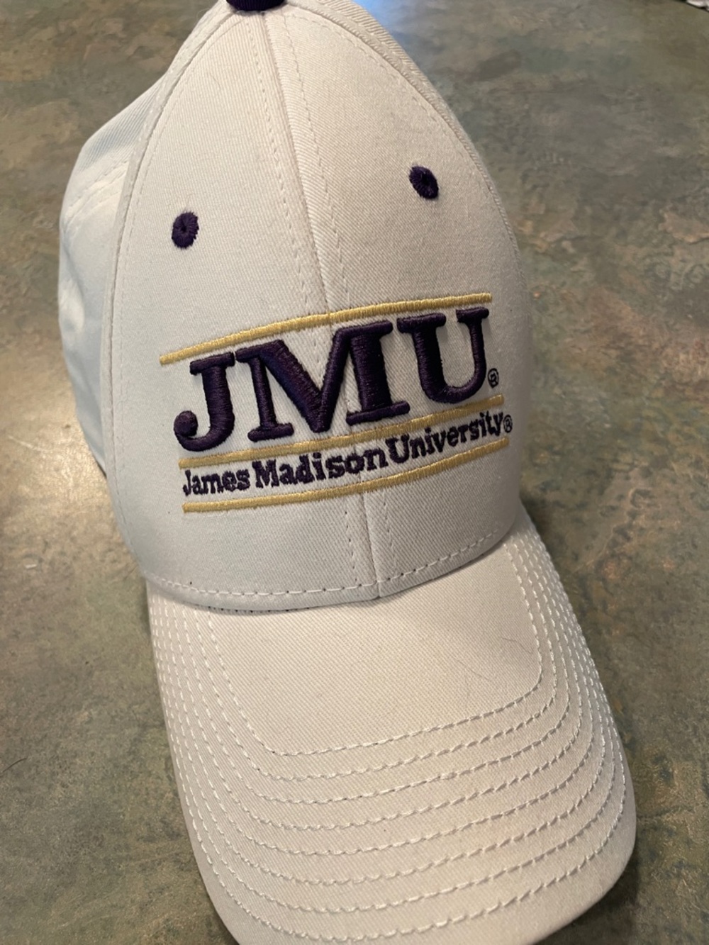 JMU White Baseball Cap with Purple and Gold Embroidery